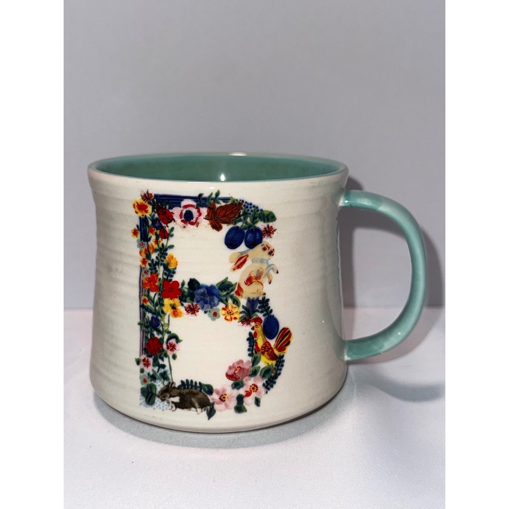 Nathalie Lete Anthropologie Monogram Mug Letter B‎ Floral Rabbit Swan Stoneware